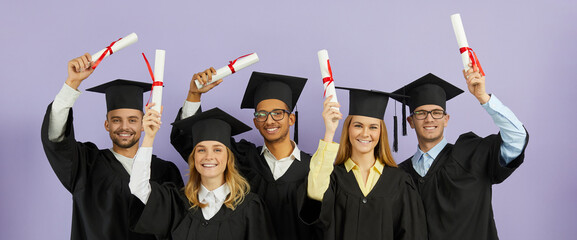 Congrats, grad. Happy joyful proud smiling international multiracial university students in...