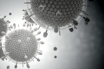 Paramyxovirus mumps , COVID pandemic, Close-up of virus under microscope. Realistic high quality medical 3d render.
