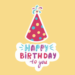 Happy birthday badge with hat party on yellow background. Birthday stickers. Birthday elements.