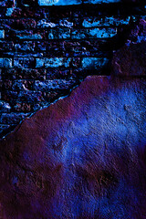 Brick neon wall. Dark blue night light. Abstract bar neon texture. Celebratory night view, neon light, rays background.