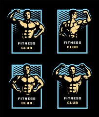 Bodybuilding logos set on a dark background. Vector illustration.