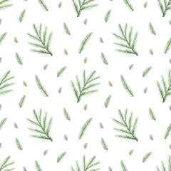 Seamless floral pattern. Watercolor background with green leaves and branches of mimosa flower of herb for textile, wrapping