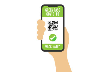 Covid-19 vaccine passport on the smartphone screen. Vaccine certified and huge by covid in the phone app. Digital health passport with qr code.