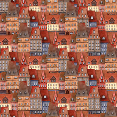 Seamless brick houses pattern, Watercolor architecture background with town, city, roof tiles for wrapping paper, kids wallpaper, souvenirs © Hanna