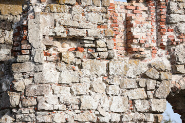 Old ancient church building architecture brick wall.