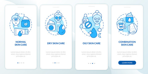 Skin types care blue onboarding mobile app screen. Beauty routine walkthrough 4 steps graphic instructions pages with linear concepts. UI, UX, GUI template. Myriad Pro-Bold, Regular fonts used