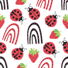 Cute ladybird, dotted rainbow, strawberry seamless vector pattern background.Ladybugs with strawberries and rainbows on white backdrop. Fun gender neutral design for kids. Happy repeat for summer.