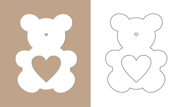 Bear silhouette with heart. Laser cutting Vector template. Mockup for wood carving, cnc, paper cutting, sticker, photo frame. Vector EPS10.