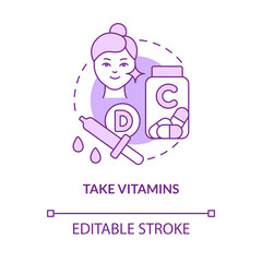 Take vitamins purple concept icon. Beauty and healthcare. Skincare procedure abstract idea thin line illustration. Isolated outline drawing. Editable stroke. Roboto-Medium, Myriad Pro-Bold fonts used