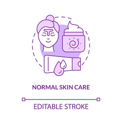 Normal skin care purple concept icon. Cosmetological treatment abstract idea thin line illustration. Isolated outline drawing. Editable stroke. Roboto-Medium, Myriad Pro-Bold fonts used