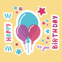Birthday stickers. Happy birthday balloons stars and confetti for sticker or print. Vector illustration.