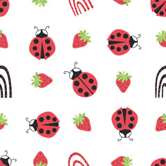 Cute ladybird, dotted rainbow, strawberry seamless vector pattern background.Ladybugs with strawberries and rainbows on white backdrop. Fun gender neutral design for kids. Happy repeat for summer.