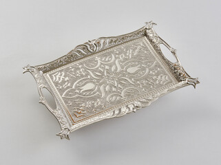 Gold and silver tray, zinc handmade white background isolated style.