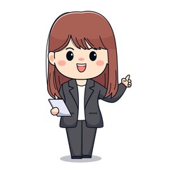 Cute businesswoman with formal suit and pointing finger kawaii chibi character design