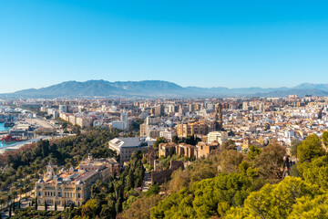 Fototapeta na wymiar Views of the city and the Cathedral of the Incarnation of Malaga from the Gibralfaro Castle in the city of Malaga, Andalusia. Spain