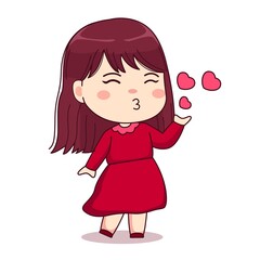 Valentine day girl love kiss with red dress cute kawaii chibi character design