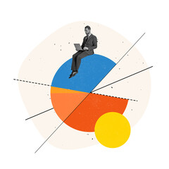Contemporary art collage. Businessman sitting on pie chart and working in laptop, making business...