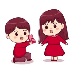 Valentines day a boy gives a ring to his girlfriend cute kawaii chibi couple character design