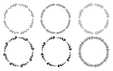 Set of hand drawn doodle round floral wreaths frames. Flower line and leaf circle frames design elements for wedding, mothers day, birthday, invitations.
