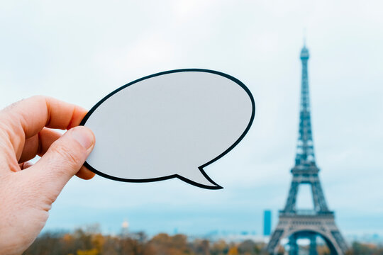 blank speech balloon at the Eiffel Tower, in Paris