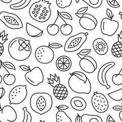 Fruit seamless background. Outline pattern with apple, banana, apricot, cherry, orange, lemon, pear. Vegetarian food icon texture. Vector illustration.