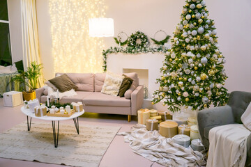 Christmas morning interior with christmas tree scandinavian loft. White and gold balls on the Christmas tree.