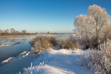 winter landscape. morning frost and sun. ice drift on the river. the branches of plants are covered with white frost