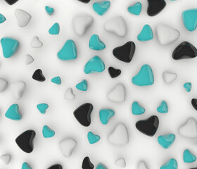 glossy hearts are black, white, blue on a white background.three-dimensional rendering