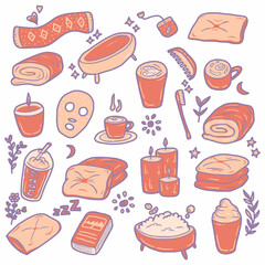 relaxation and self care hand drawn filled outline style icon set