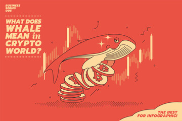 Vector illustration concept, whale carrying coin stacks with bitcoin logo isolated on solid background with graphic elements. The best for infographic. © ADB Garage Works