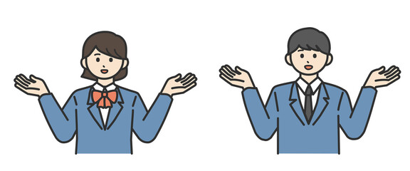 手を挙げる学生の男の子と女の子のイラスト素材セット