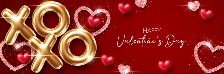 Valentines Day background with 3d hearts. Design element for greeting card or sale banner. Vector illustration