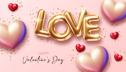 Valentines Day background with 3d hearts. Design element for greeting card or sale banner. Vector illustration
