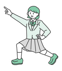 斜め上に指をさしている学生の女の子のイラスト素材
