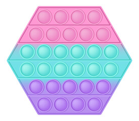Popit figure hexagon as a fashionable silicon toy for fidgets. Addictive anti stress toy in pastel colors. Bubble anxiety developing vibrant pop it toys for kids. Vector illustration isolated on white