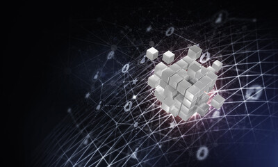 Concept of Internet and networking with digital cube figure on dark background
