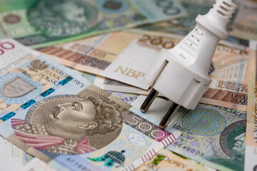 Electric cable with socket and many Polish banknotes. Rise of electricity price in Poland. Photo taken under artificial, soft light