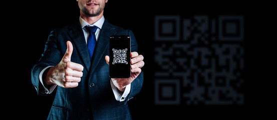 Qr code mobile. Digital mobile smart phone with qr code scanner on smartphone screen for online...
