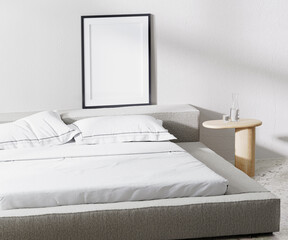 poster frame with mat in room with bed and pillows and bedside table with white wall on background, 3d rendering