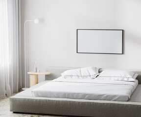 empty frame mockup in modern bedroom interior background, scandinavian style, 3d render