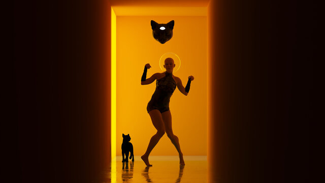 Space Cat Woman Black Witchcraft Orange Corridor Mysterious Halloween Horror 3d illustration render