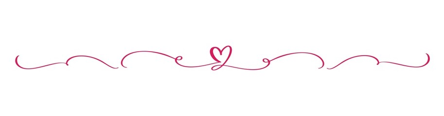 Red Vintage Flourish Vector divider Valentine Day Hand Drawn Black Calligraphic two Heart. Calligraphy Holiday illustration. Design valentine element. Icon love decor for web, wedding - obrazy, fototapety, plakaty