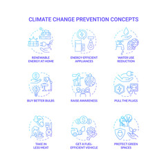 Climate change prevention blue gradient concept icons set. Avoid global warming idea thin line color illustrations. Isolated outline drawings. Roboto-Medium, Myriad Pro-Bold fonts used