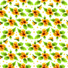 seamless watercolor pattern with yellow flowers and stars on a white background.