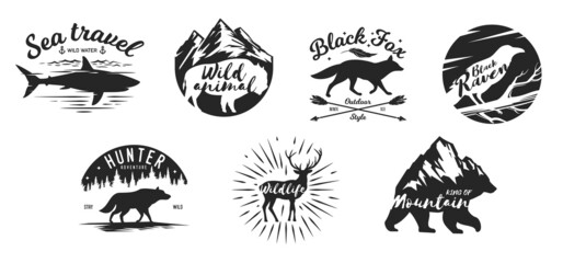 Set silhouettes with animals in vintage hand drawn style. Collection abstract composition isolated on white background. Monochrome template for tattoo, print, label, badge. Vector illustration.