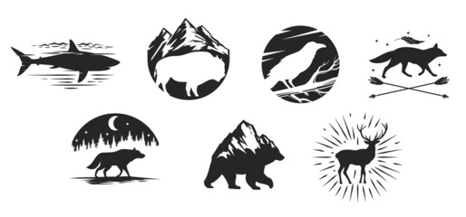 Set silhouettes with animals in vintage hand drawn style. Collection abstract composition isolated on white background. Monochrome template for tattoo, print, label, badge. Vector illustration.