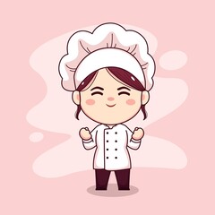 Cute and kawaii female chef with excited expression cartoon manga chibi vector character design