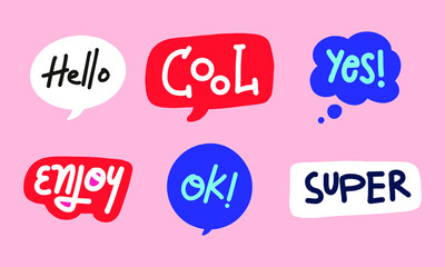 trendy illustrations of the various text. hello, cool, yes, enjoy, ok, super. a decorative element for a romantic design theme. a simple text element.