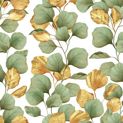 Fototapeta na wymiar Seamless floral pattern with green and gold leaves on white background