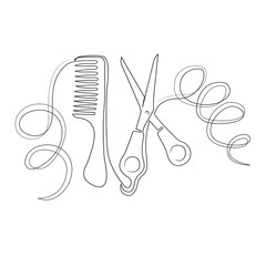 Comb and scissors. Hairdressing set. Drawn in one line. Isolated stock vector illustration